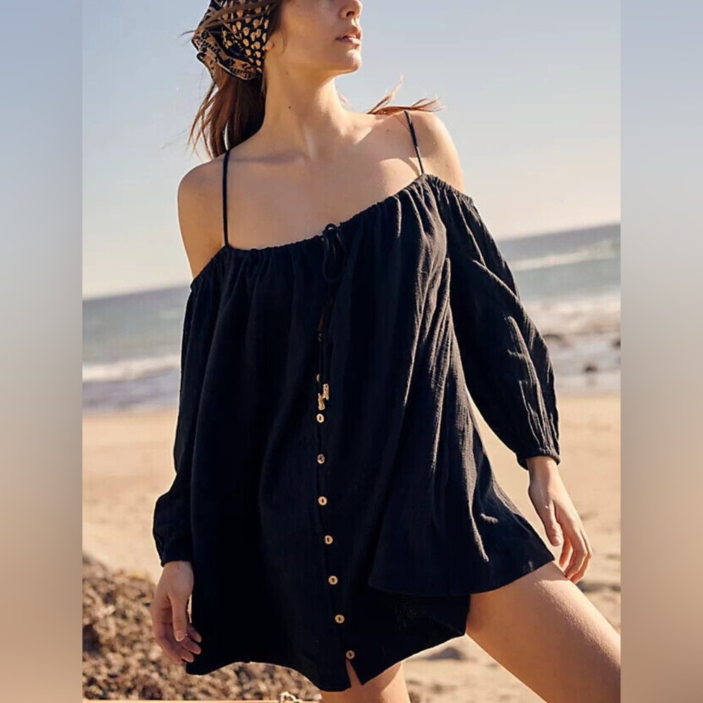 Free People Stealin’ Hearts Babydoll Off Shoulder Long Sleeve Tunic Mini Dress